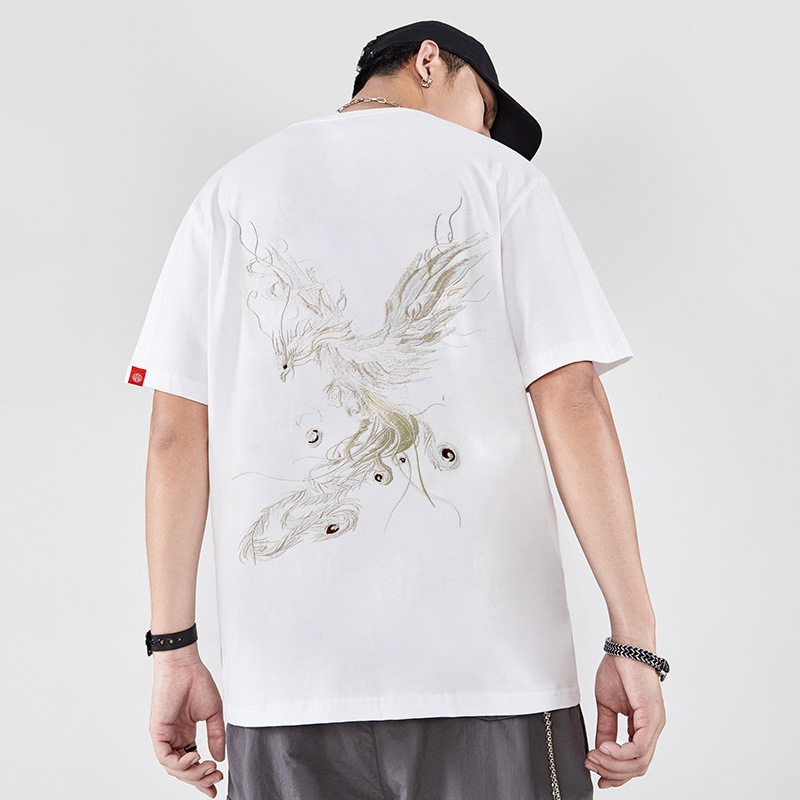 Primavera verano 2026 nuevo estilo de algodón suelto manga corta camiseta para hombres moda nacional China moda masculina phoenix bordado media manga marca de moda Specification image