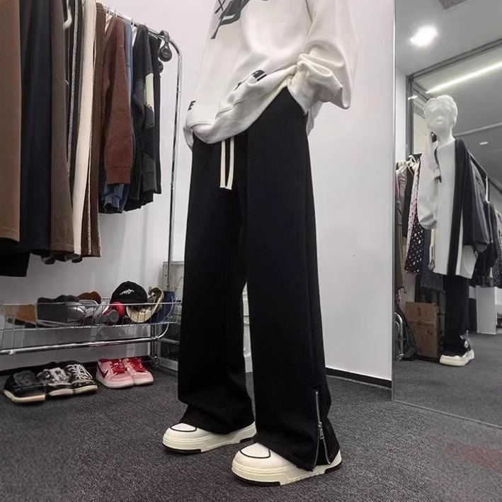 American street trend sweatpants for men in Spring/Autumn 2025: Trendy zipper split pants, wide-leg straight loose casual trousers