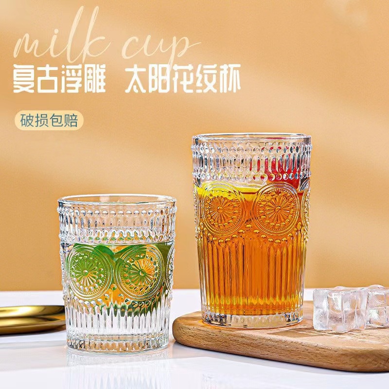 代发包邮太阳花杯子高级感小众浮雕玻璃杯ins风透明水杯家用喝水产品图