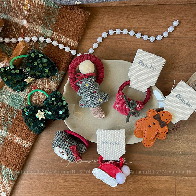 Korean-style cartoon Christmas hair band fabric children's gingerbread man sweet ponytail hair band high elasticity won't damage the hair elastic band Specification image