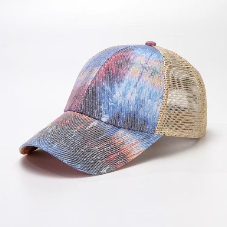 National trendy primavera verano nueva moda multicolor tie dye estampado transpirable malla gorra de béisbol sombrero de pato sombrero de sol visera details Picture