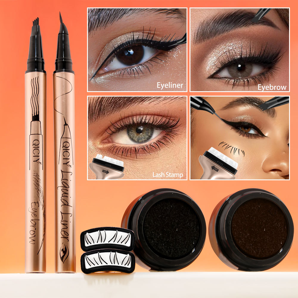 【 Cross-border Exclusive 】QICIY+ Eyeliner Pen + 4-fork eyebrow Pencil + Lower eyelash stamp Waterproof and sweat-proof Eye makeup details Picture