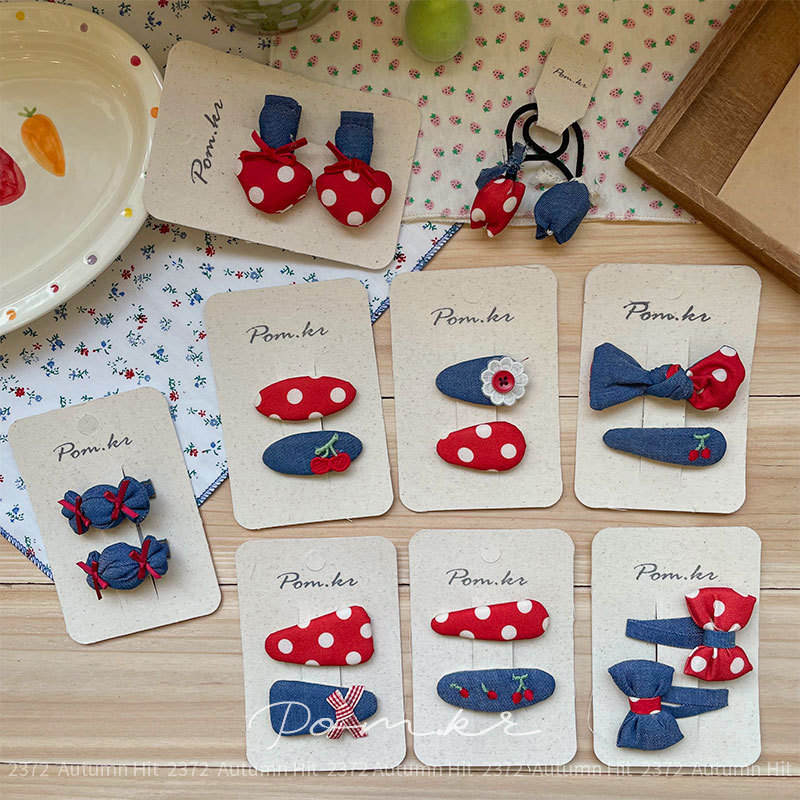 韩系红白波点牛仔蓝发夹刘海夹侧边夹 甜美撞色发饰蘑菇樱桃发夹Pom.kr 红波点牛仔发饰：樱桃蝴蝶结款 甜酷可爱秋冬元气