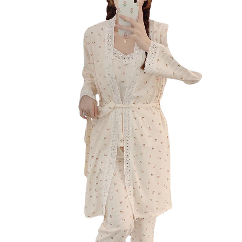 New spring and autumn pajamas for women with breast pads, sexy halter tops, long-sleeved shirts and long pants, three-piece set, lace floral home wear Item Picture
