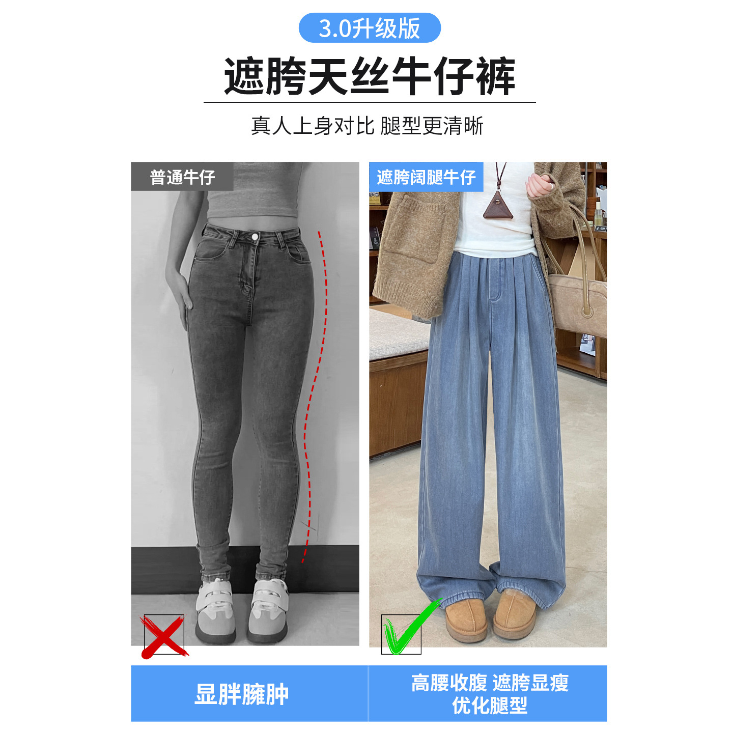 Blue fleece jeans for women, 2025 new autumn style, laid-back and relaxed, high-waisted casual loose straight-leg wide-leg pants Specification drawing
