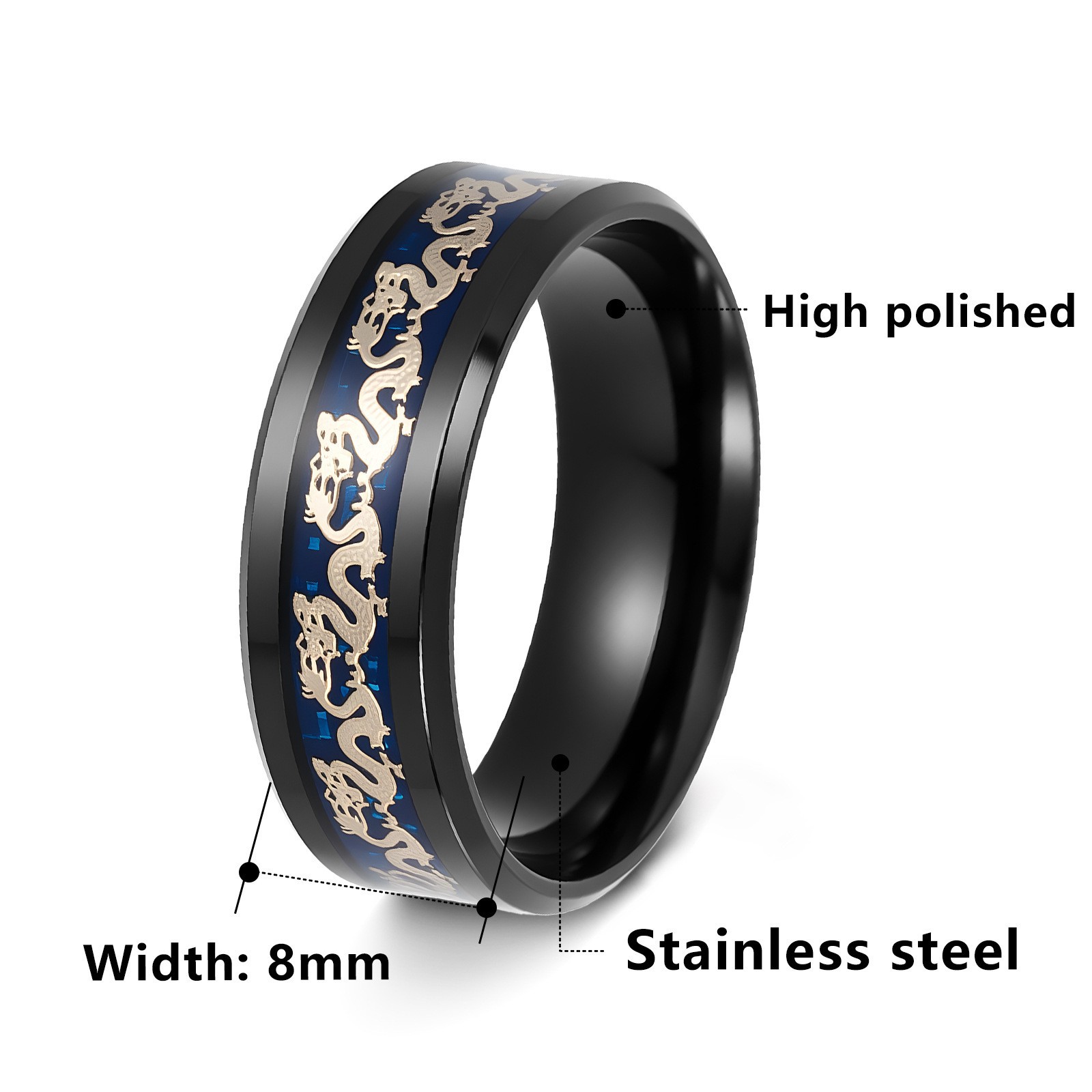 Cross-border retro high-end, non-fading jewelry, double beveled blue background dragon pattern stainless steel ring, Chinese dragon ring Application Scenario