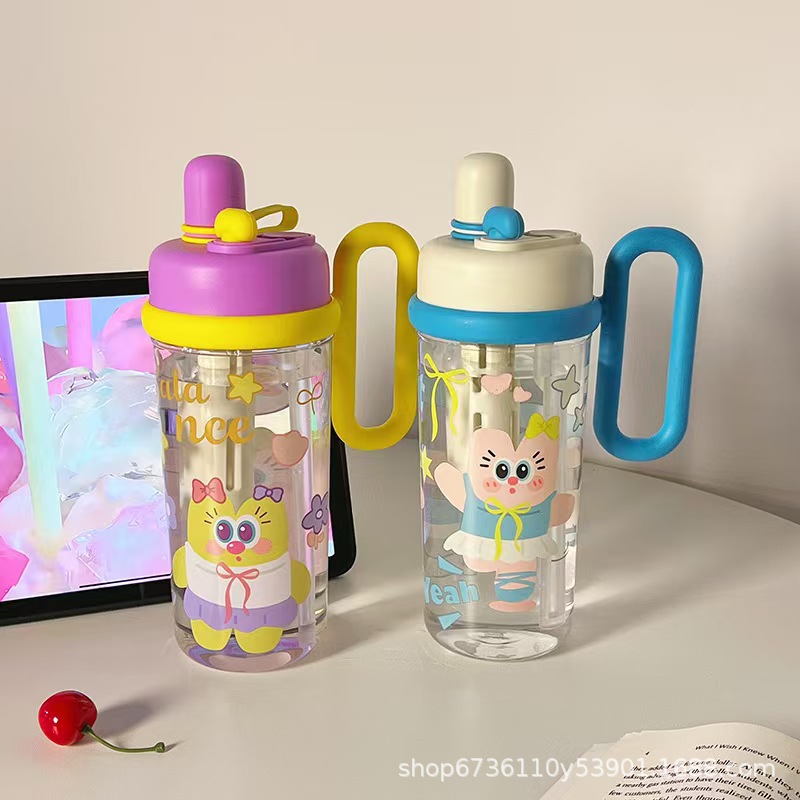 New cartoon children's plastic water cup with high appearance level, girls' double-drinking cup, large-capacity portable student cup