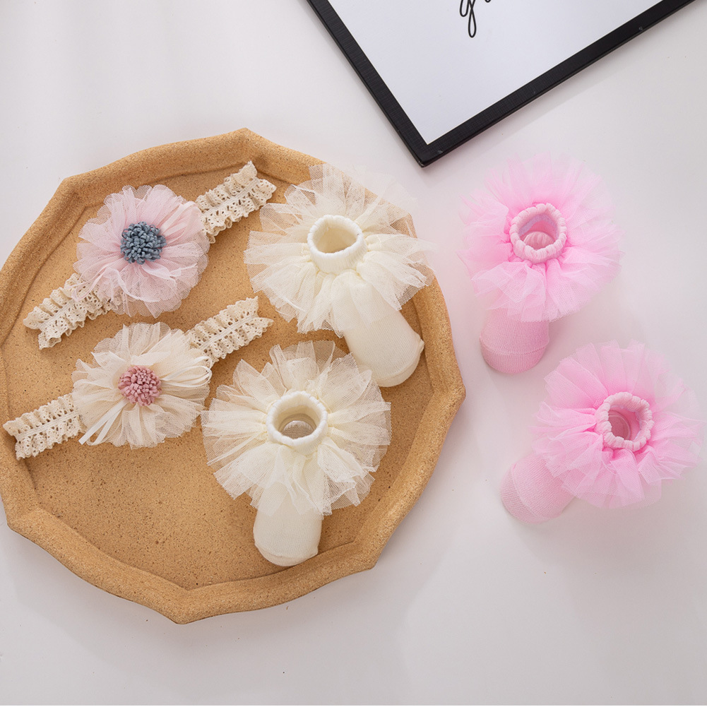 韩版新款雪纺蕾丝婴儿发带袜子套装宝宝满月周岁百天礼品头带地板细节图