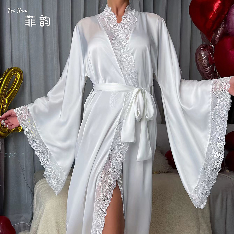New cross-border satin long pajamas, women's lace light luxury long-sleeved cool bathrobe, bathrobe and home wear, women's 336 details Picture