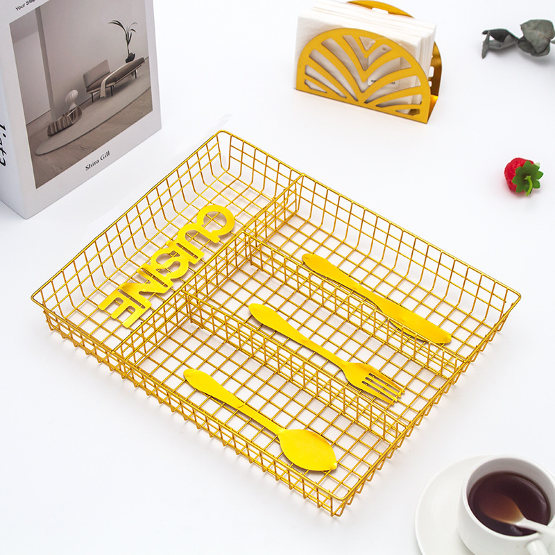 Four-compartment tableware storage box, iron storage basket, kitchen, restaurant and hotel draining tabletop, metal storage basket for knives and forks details Picture