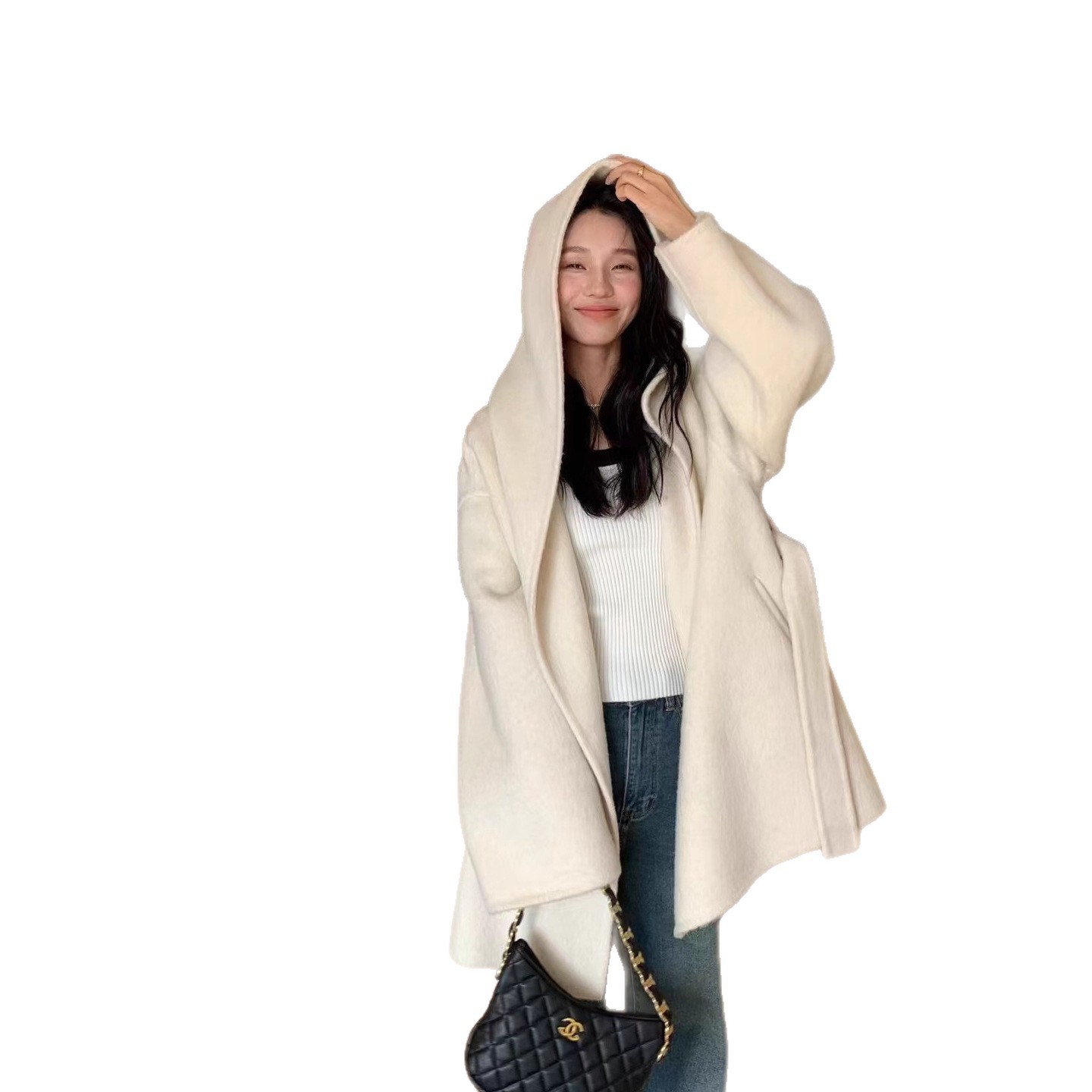 羊毛大衣女2025冬季新款高级感气质系带宽松赫本风双面毛呢外套白底实物图