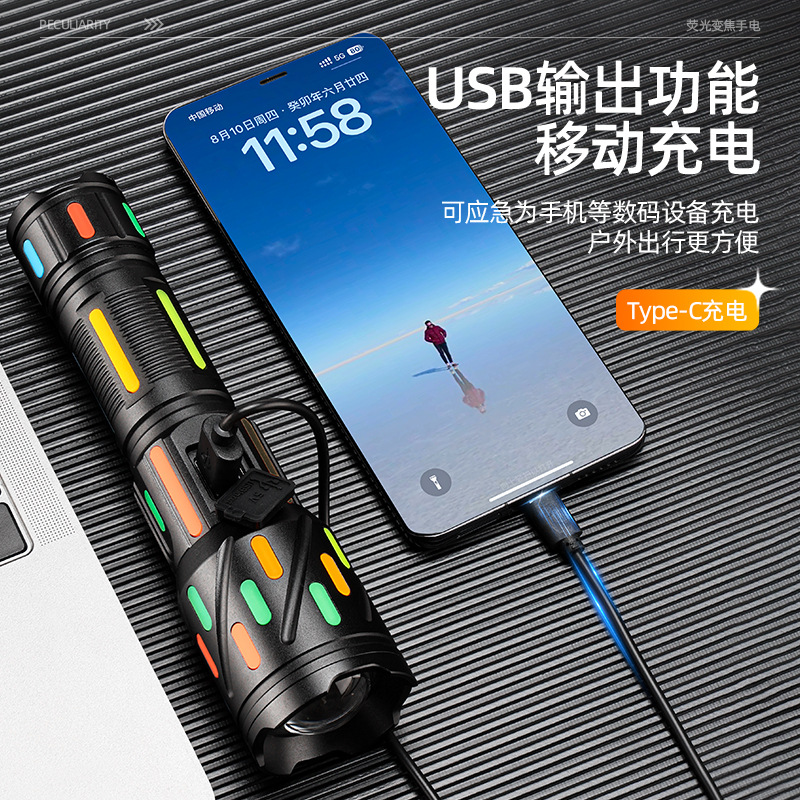 Aluminum alloy flashlight, fluorescent handheld, lightweight, strong light, long-lasting, multi-functional direct charging outdoor flashlight details Picture