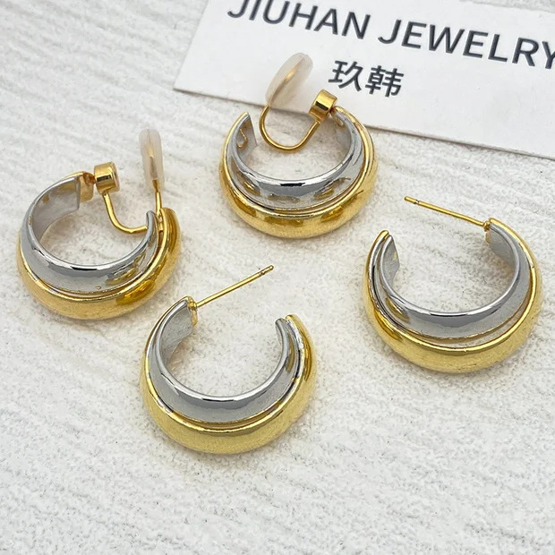 金色银色双层耳环中古饰品耳饰耳钉银针