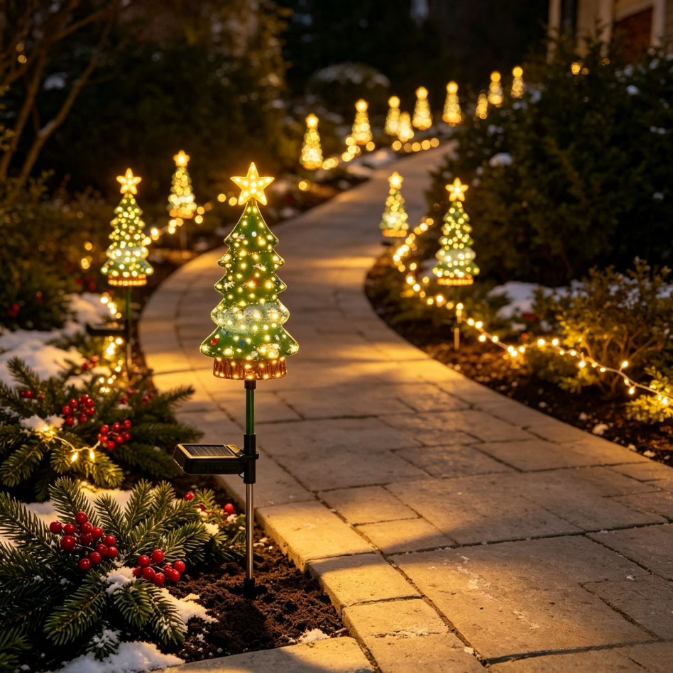 Christmas decorations, solar-powered Christmas ornaments, green Christmas tree shaped solar lighting fixtures, floodlights, outdoor energy-saving and environmentally friendly portable monitoring street lamps, lighting products Specification image