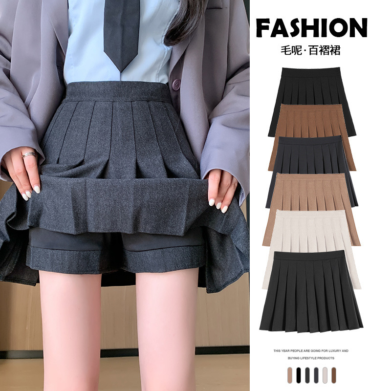 New pleated skirt for women in autumn and winter, thickened woolen short skirt, high-waisted Korean A-line slimming, large-sized skirt