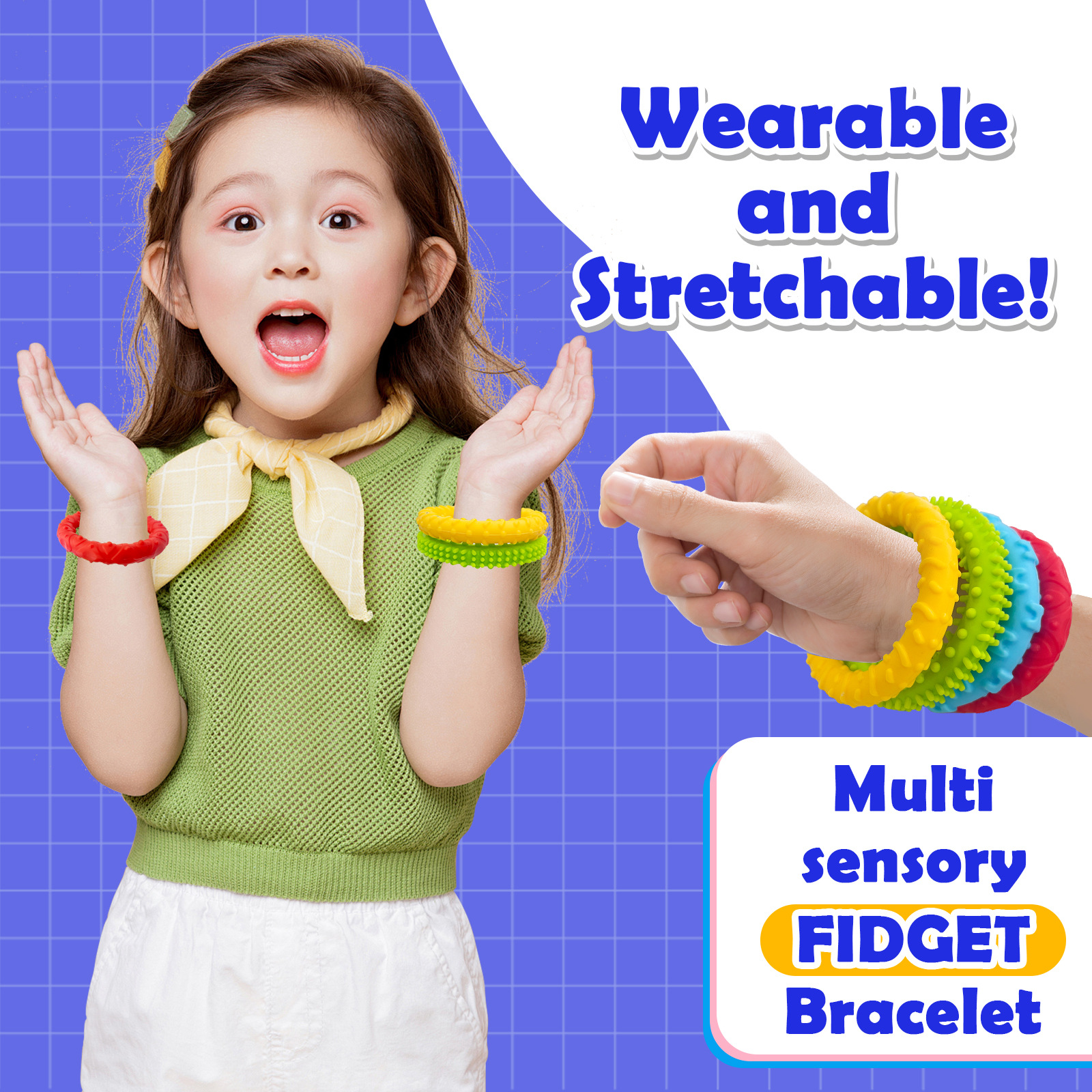 4-piece set of silicone sensory fidgeting toys for children and adults, elastic bracelet and wristband, stress relief, ADHD SPD Application Scenario