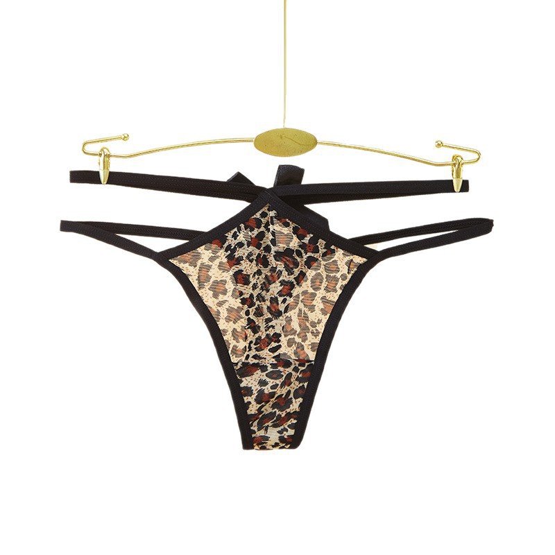 New light luxury and sexy mesh leopard print women's comfortable and breathable thin band with a hollowed-out bow, alluring T-shaped underwear Item Picture