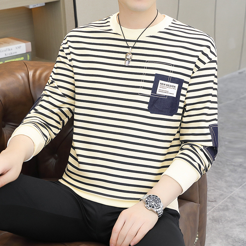 Striped round-neck hoodie for men, spring and autumn loose trendy brand casual base layer, men's style, paired with long-sleeved T-shirt inside Application Scenario
