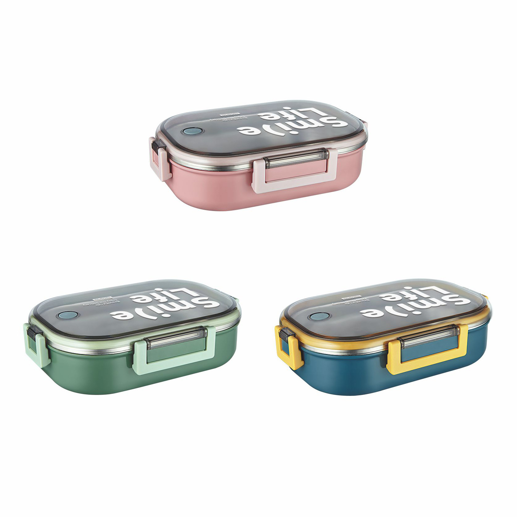 批发密封不锈钢长方形饭盒四面扣带透气孔圆形高颜值大容量午餐盒白底实物图