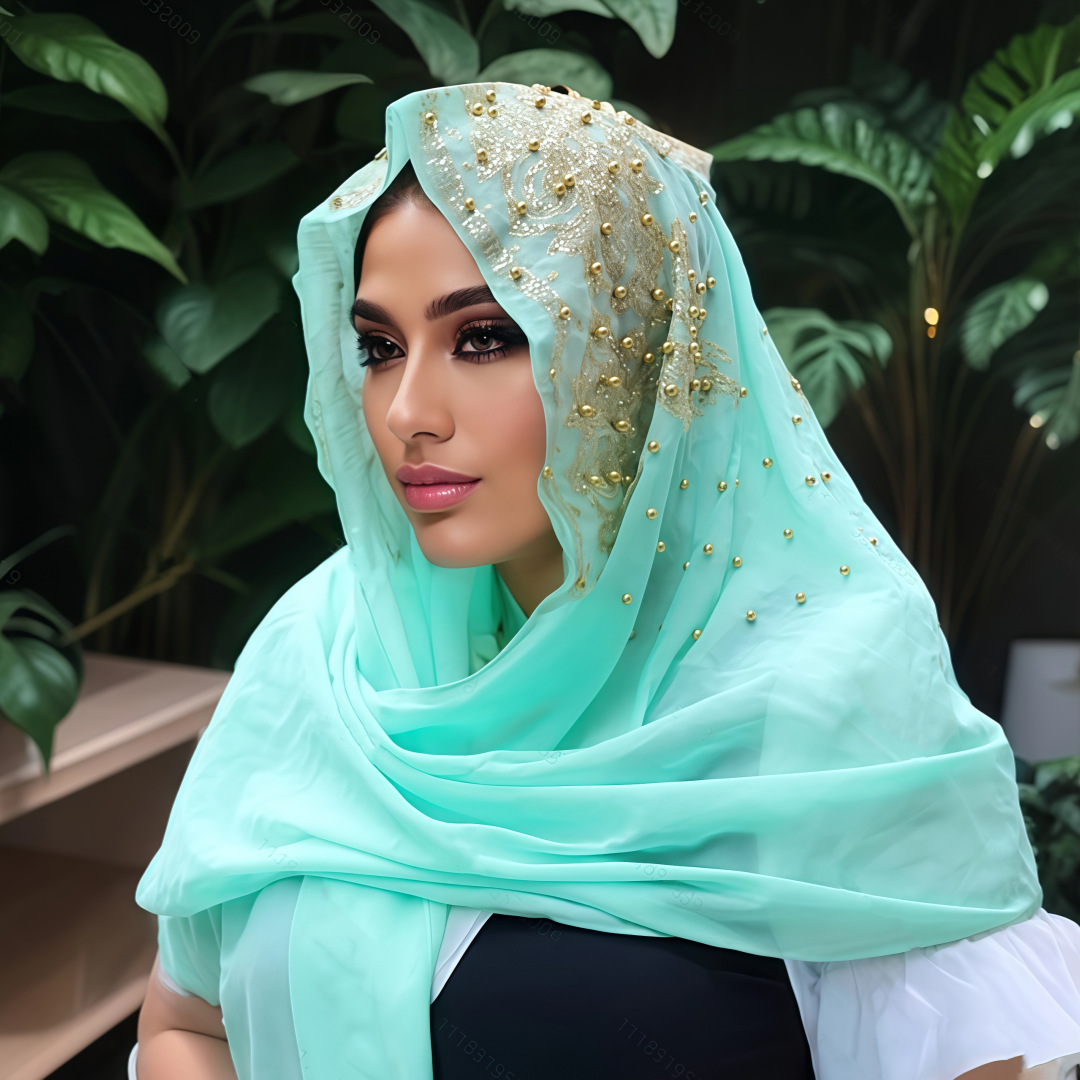 Headscarf, Dubai women's hot diamond plum blossom long scarf, gauze scarf clothing, chiffon travel long scarf hat, breathable cross-border Specification image