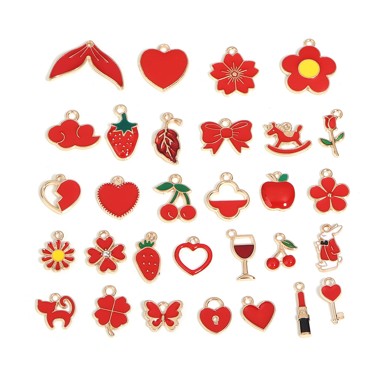 Cross-border Red series alloy oil Drip DIY jewelry accessories Cherry Bow Heart keychain earrings Pendant