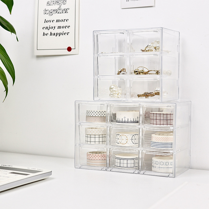 Transparent nine-grid and six-grid dust-proof drawer-style storage box, stationery and jewelry, 12-grid cosmetics storage, for students Specification image