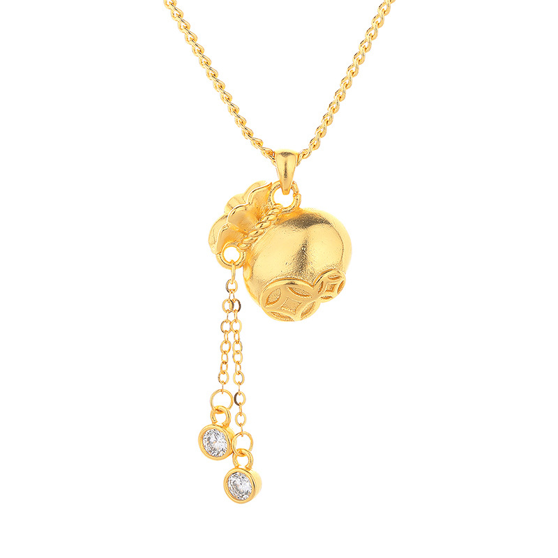 Coin lucky bag necklace, women's AB chain, hollowed-out "Fu" character money bag pendant, copper gold-plated national trend collarbone chain, 2025 new style Item Picture