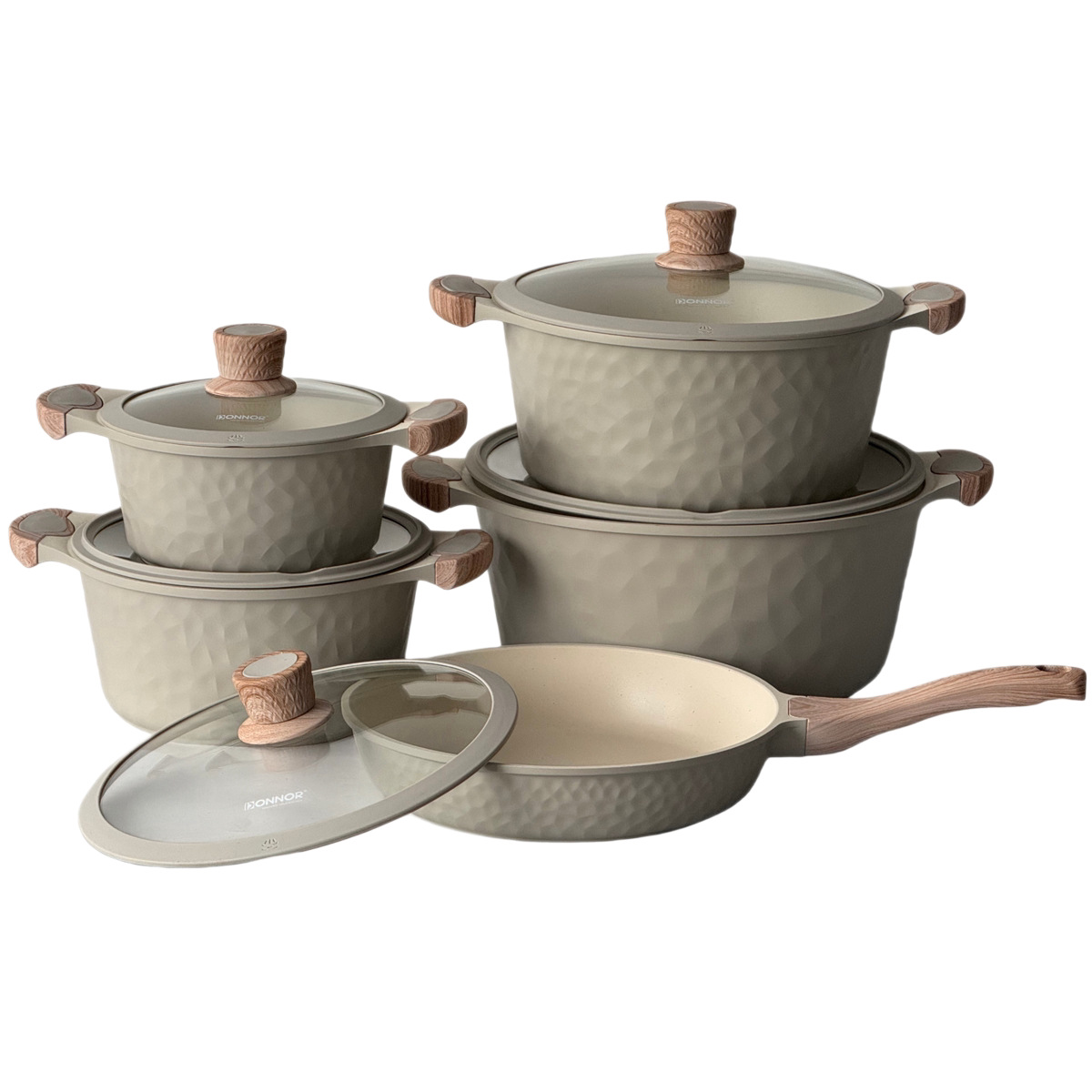 Martillo antiadherente cooking pot set multicapa apilado ahorro de espacio glass cover visualización Item Picture