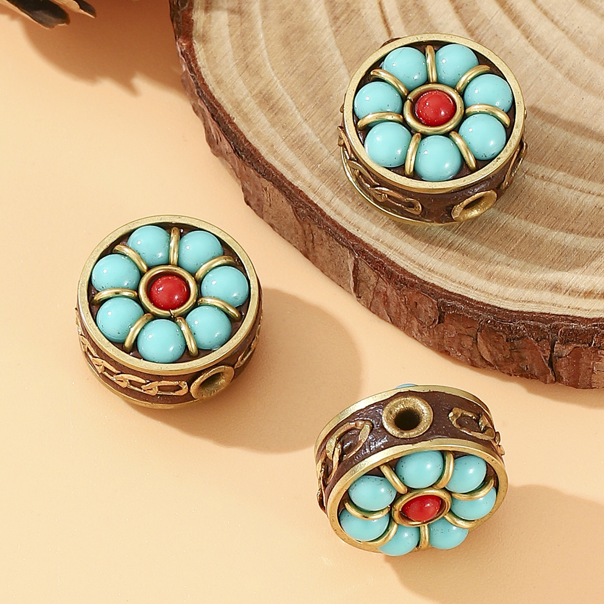 Tibetan-style Nepalese turquoise copper beads DIY, retro ethnic style flower spacer beads, bucket beads accessories, loose beads