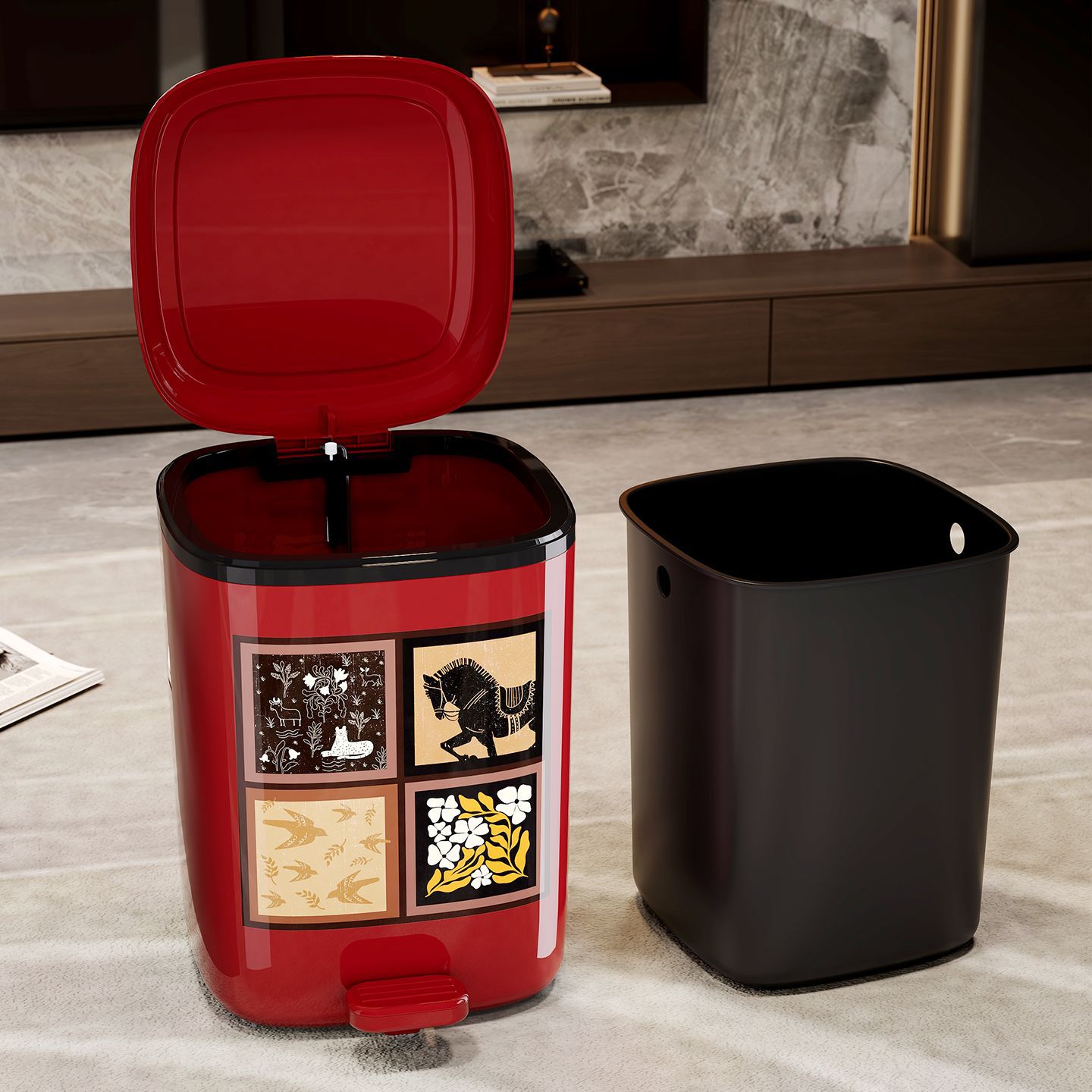 Chinese-style trash can, household living room garbage bin, high appearance level, large capacity, bathroom foot-operated covered storage bucket details Picture