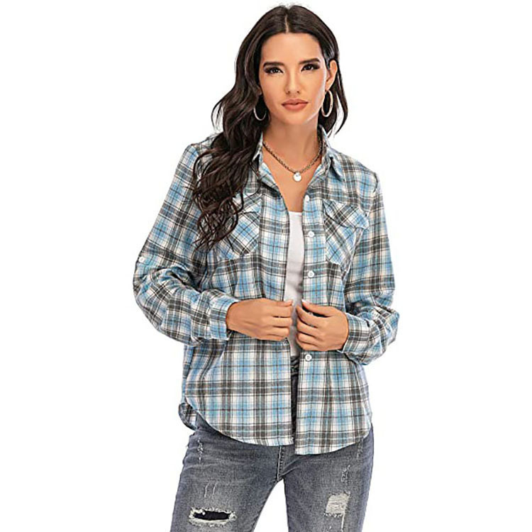 Amazon Women's Autumn and Winter new style foreign trade college sub-shirt, European and American women's lapel long-sleeved plaid shirt details Picture