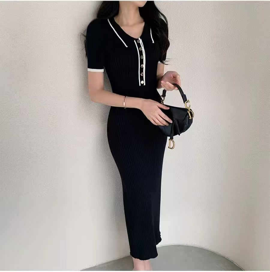 Korean-style chic retro pure charm POLO collar stretch slimming, color-blocking short-sleeved knitted body-hugging dress details Picture