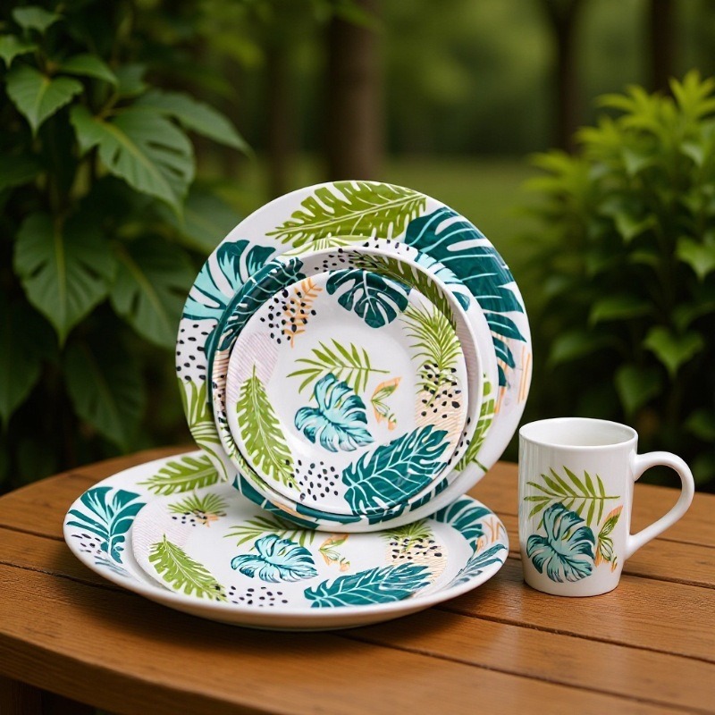New green plant bowls and plates, melamine tableware, Nordic-style bowls, plates, trays, chopsticks, bowls and plates, household wholesale details Picture