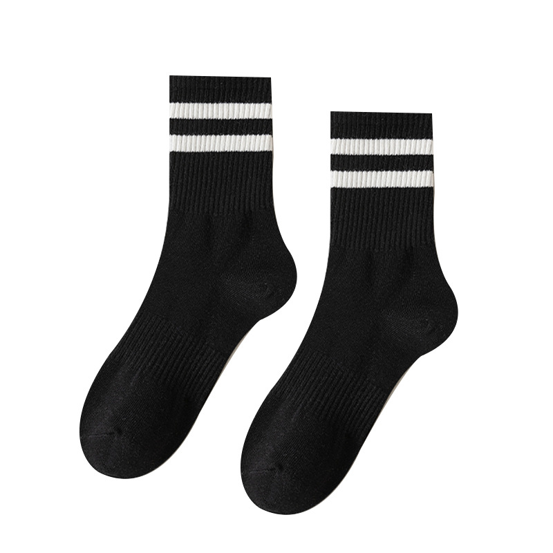Women's mid-calf socks, black and white striped two-bar long socks, Korean style socks, anti-odor and sweat-absorbing sports long calf cotton socks Item Picture