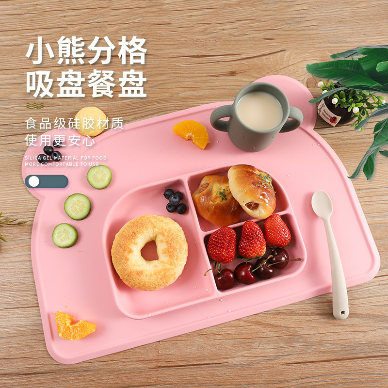 跨境新款硅胶一体式防滑宝宝分格餐盘防摔易清洗婴幼儿训练餐具详情图1