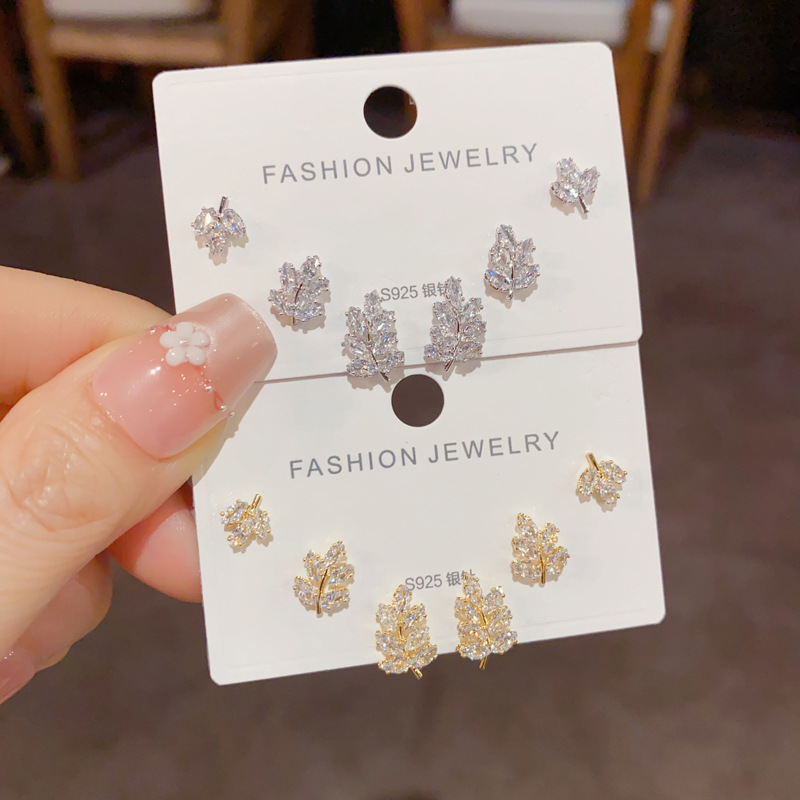 s925 Silver Needle Japanese and Korean exquisite and fashionable, Full diamond leaf three-piece set ear studs, niche style, design sense, versatile earrings, accessories, ear studs, earrings, pearl ear studs, ear plugs