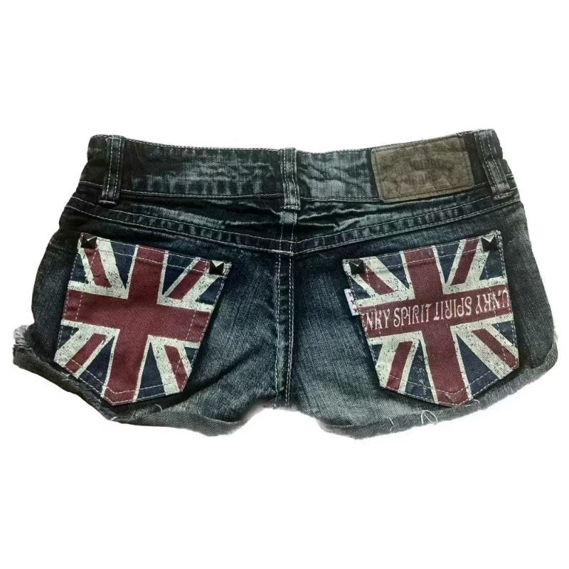 Cross-border Amazon, AliExpress, Instagram, European and American street flag print contrasting color low-waisted, sexy and slimming denim shorts details Picture