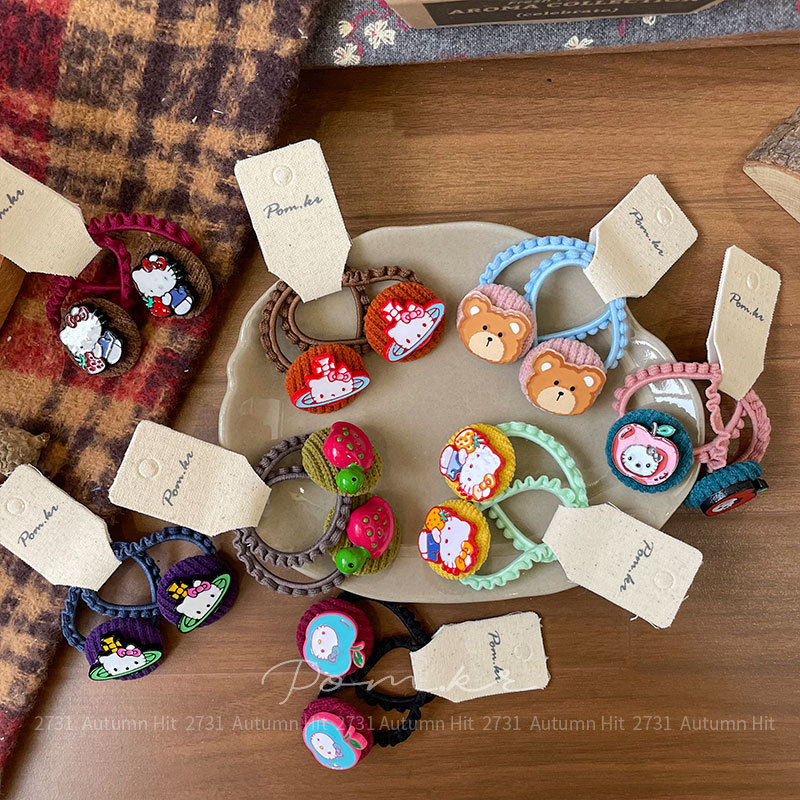 pom.kr cartoon matching hair band Korean version childlike fun kt High elasticity children's ponytail elastic hair band Cute rubber band girls Pom.kr colorful cute style hair band: Kitty/Bear / Application Scenario