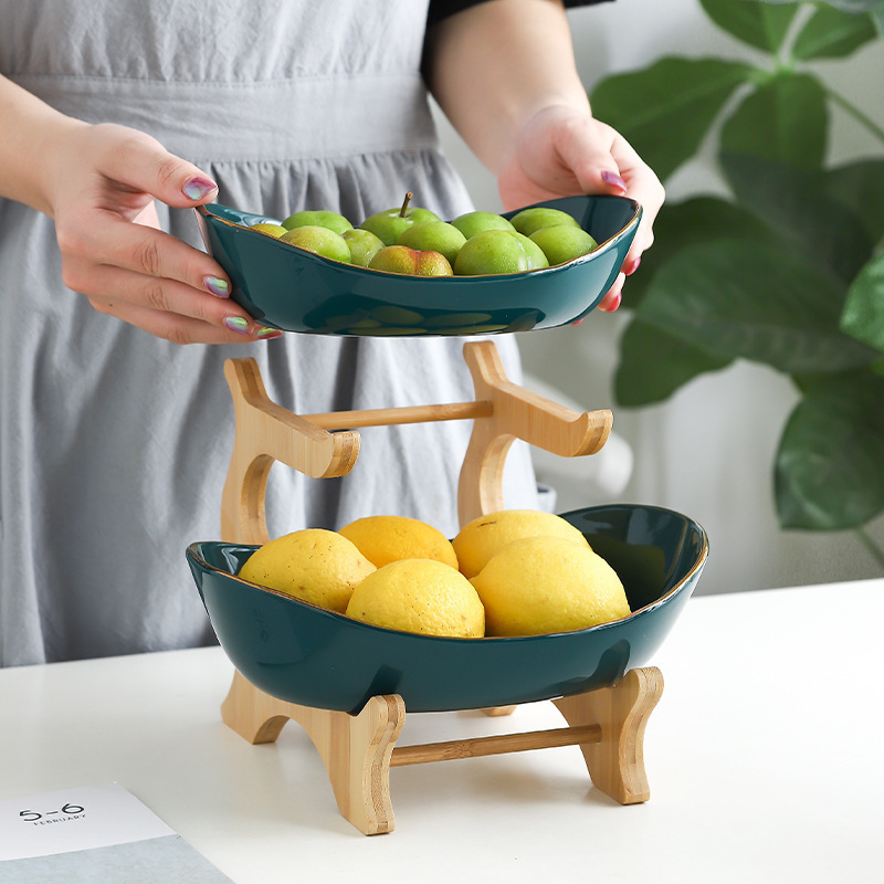 Multi-layer fruit and vegetable plate, bamboo and wood rack, ceramic creative double-layer snack and pastry plate, home living room dry storage Specification image