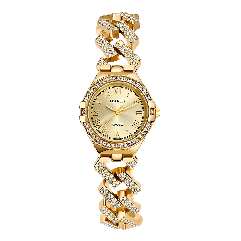 Cross-border bestsellers: Cuban chain diamond-encrusted women's watches, round luminous quartz watches, fashionable watches for women, wholesale and customization Item Picture