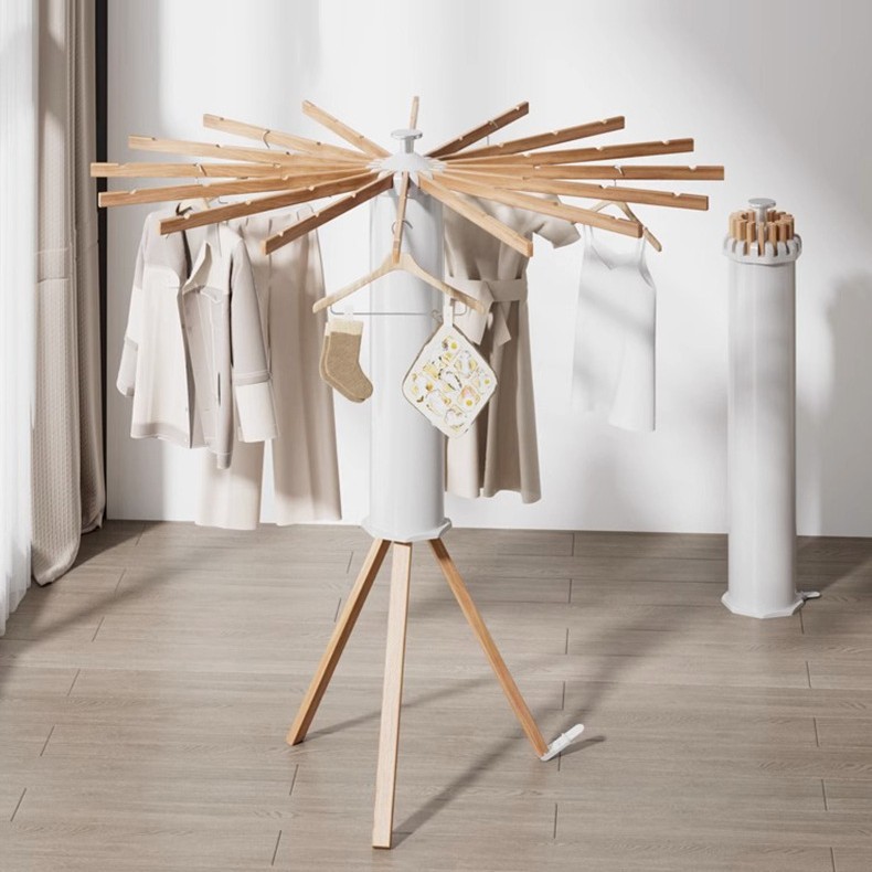 Floor-standing clothes drying rack, balcony indoor solid wood floor-standing pole folding drying rack, clothes drying rack, octopus clothes drying rack