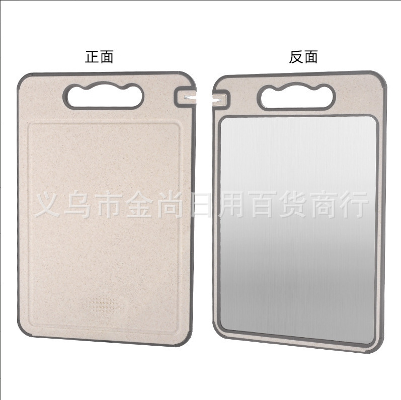 The cutting board is made of PP+ stainless steel and can be ground with garlic. It is an antibacterial and anti-mold household stainless steel double-sided knife and adhesive board Specification image