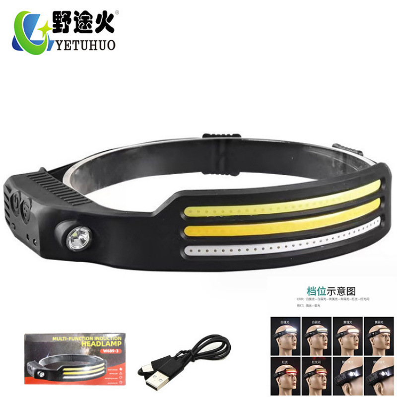 Cross-Border Running Red, White And Yellow Light-Sensing Usb Charging High And Low Cob Dual-Light Portable Led Running Outdoor Headlamp