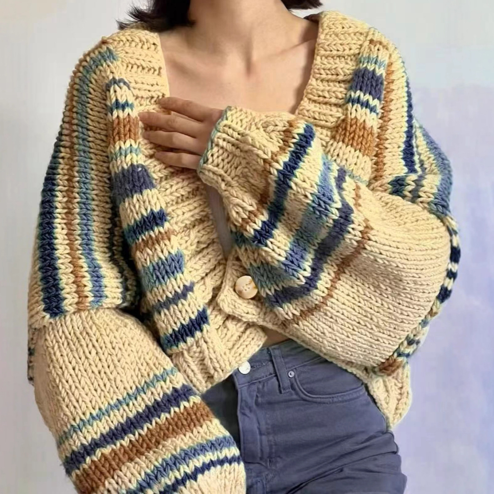 Cross-border Europe and America 2025 Early Autumn new women's clothing laid-back V-neck contrasting color loose knitted cardigan sweater coat