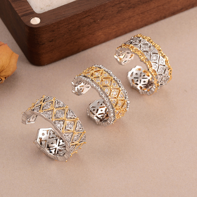 Fashionable zircon rhombic ring for women, retro geometric style, hollowed-out gold and silver color contrast, high-end light luxury open ring jewelry details Picture