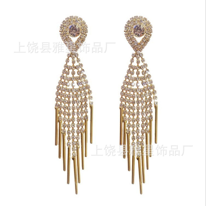 European and American style, super sparkling diamond-encrusted, elegant long tassel earrings, versatile and elegant earrings, internet-famous earrings Item Picture