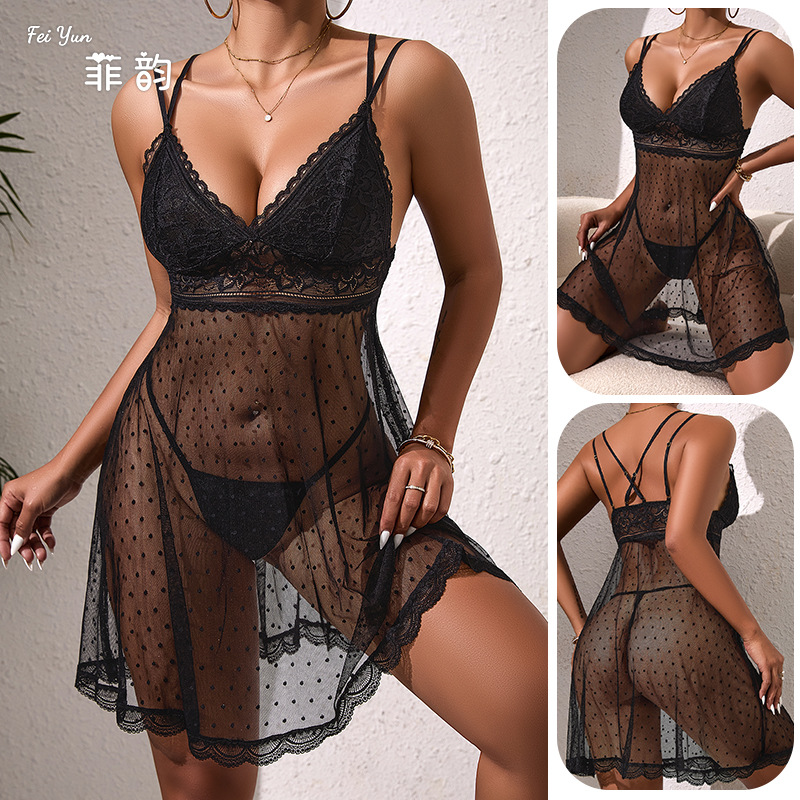 European and American bestsellers of romantic lingerie, lace halter nightgown, sexy polka dot see-through pajamas, women's home wear, 545