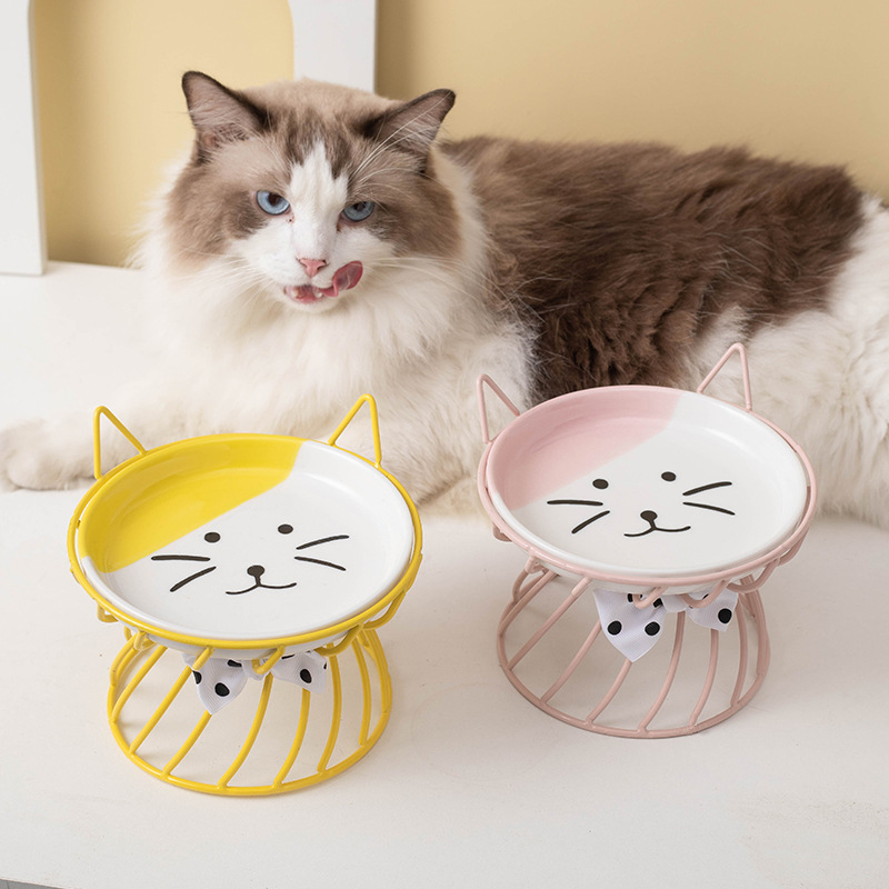Wow custom cat bowl, ceramic high-legged neck guard, large-mouthed pet food bowl, Garfield cat special flat face bowl snack plate Specification image