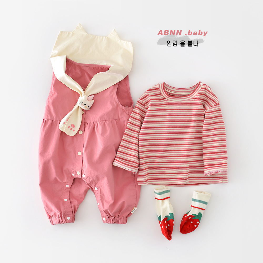Spring Set for baby Girls, new striped T-shirt for infants and toddlers, two-piece sleeveless crawling suit for children and kittens, 61333 Application Scenario