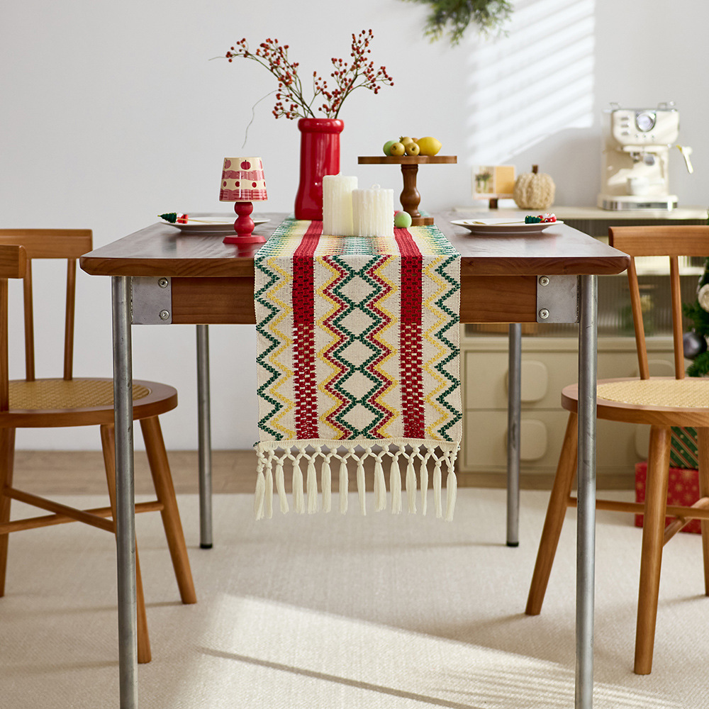 圣诞节桌旗编织流苏几何图案电视柜茶几桌垫节日氛围感装饰餐桌布细节图